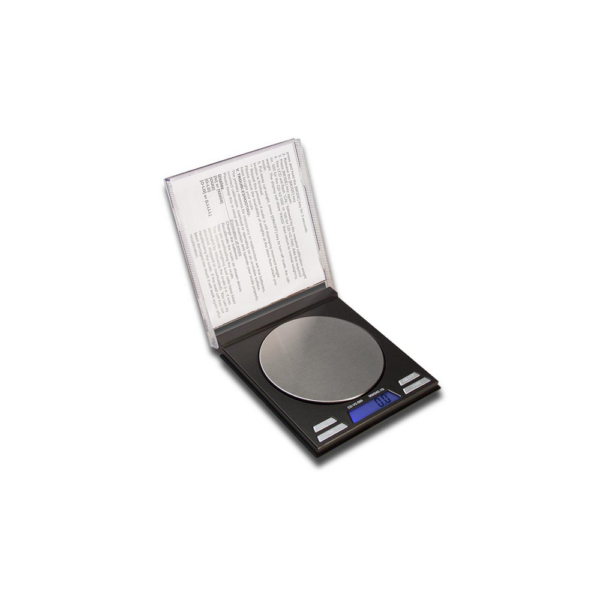 Åben digital digitalvægt med CD look, sølvfarvet vejeflade og blåt LCD-display