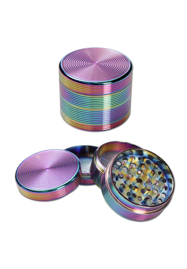 Metal grinder i olie farver, 4-delt design til effektiv og præcis formaling.