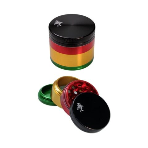 Aluminium grinder, fire dele, i farverigt rasta-design til præcis grindning.