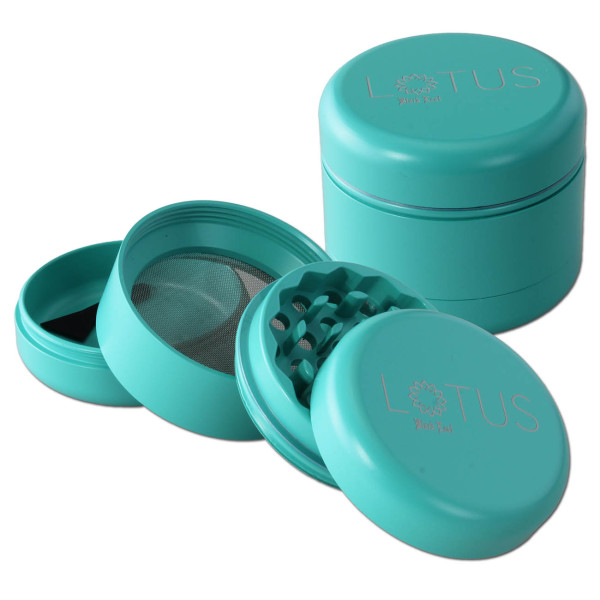 Turkis Black Leaf Lotus grinder, fire dele med keramisk belægning for holdbarhed og effektiv formaling.