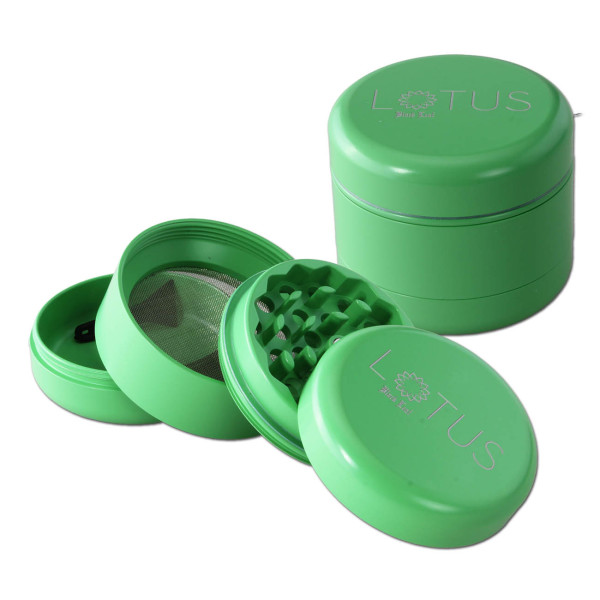 grøn Black Leaf Lotus grinder, fire dele med keramisk belægning for holdbarhed og effektiv formaling.