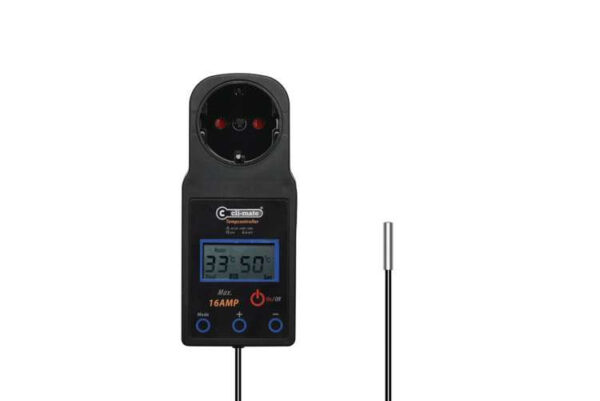 Cli-Mate TE-16 temperaturregulator med sensor, designet til præcis temperaturstyring i vækstrum.