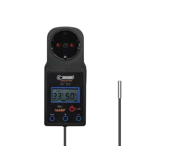 Cli-Mate TE-16 temperaturregulator med sensor, designet til præcis temperaturstyring i vækstrum.