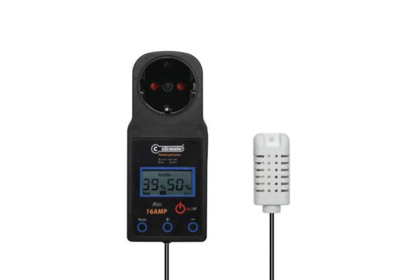 Cli-Mate HU-16 fugtighedsregulator med sensor, designet til præcis kontrol af luftfugtighed i dyrkningsmiljøer.
