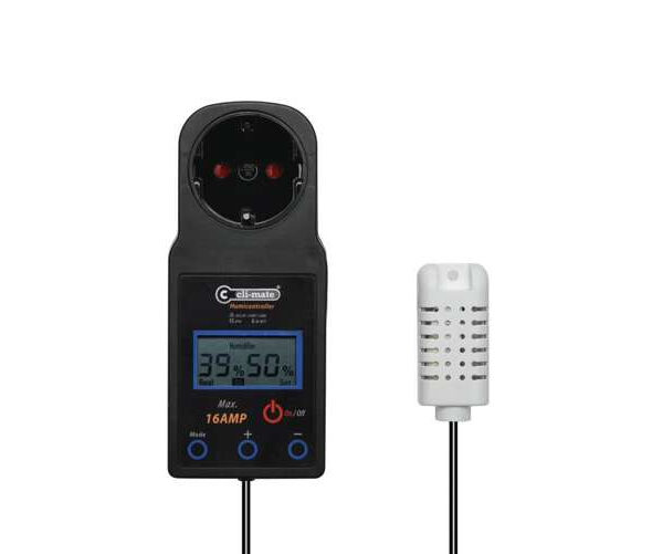 Cli-Mate HU-16 fugtighedsregulator med sensor, designet til præcis kontrol af luftfugtighed i dyrkningsmiljøer.