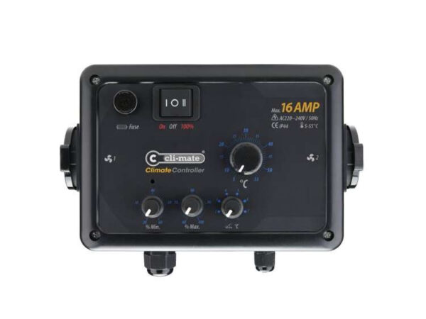 Cli-Mate klimarregulator, 12A med hysterese, designet til præcis kontrol af ventilationshastigheder i vækstrum.