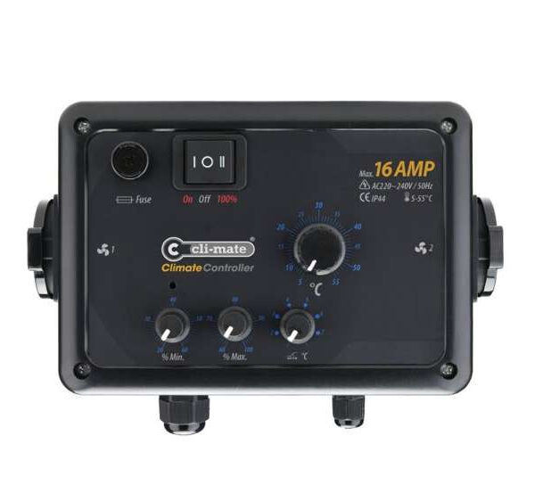 Cli-Mate klimarregulator, 12A med hysterese, designet til præcis kontrol af ventilationshastigheder i vækstrum.