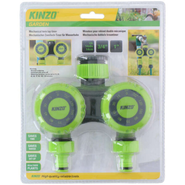 Kinzo Garden hanesplitter med timer, justérbar fra 5 til 120 minutter, designet til nem vanding i haven.