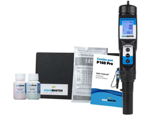 Aqua Master Combo Pen, måler pH, EC, TDS, PPM og temperatur, designet til præcis vandanalyse i dyrkningsmiljøer.