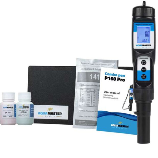Aqua Master Combo Pen, måler pH, EC, TDS, PPM og temperatur, designet til præcis vandanalyse i dyrkningsmiljøer.