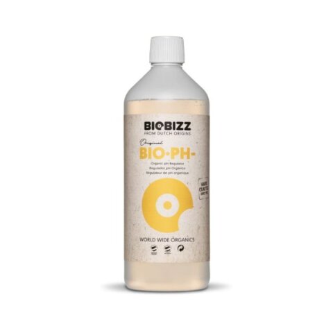 Biobizz pH Minus 1L, naturlig og sikker løsning til at sænke pH-niveauet i dyrkningsmedier.