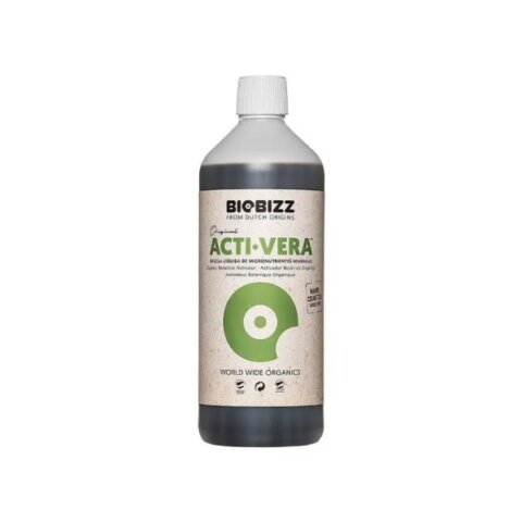 Biobizz Acti·Vera 1L, økologisk stimulator baseret på aloe vera til forbedret plantevækst og sundhed.