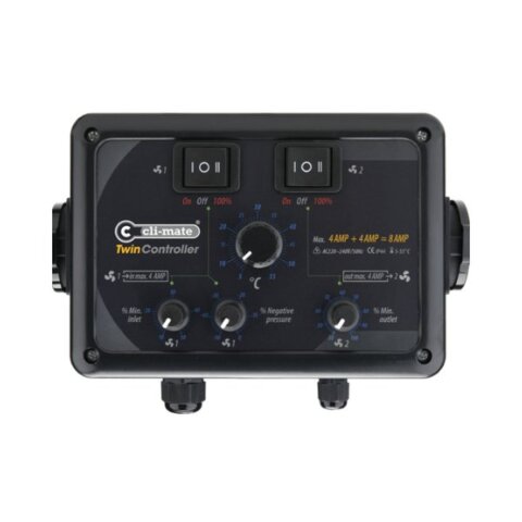 Cli-Mate Twin Controller TW 4.8A, designet til præcis styring af temperatur og ventilatorhastighed i vækstrum.