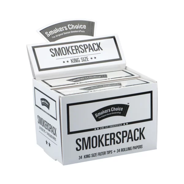 En kasse med smokers pack fra smokers choice, der indeholder joint papir og filter